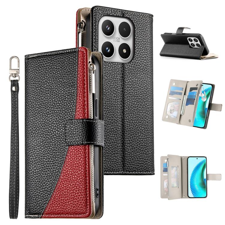 For Xiaomi 17 Stitching Multi-card Zipper Wallet Leather Phone Case with Short Strap(Black)