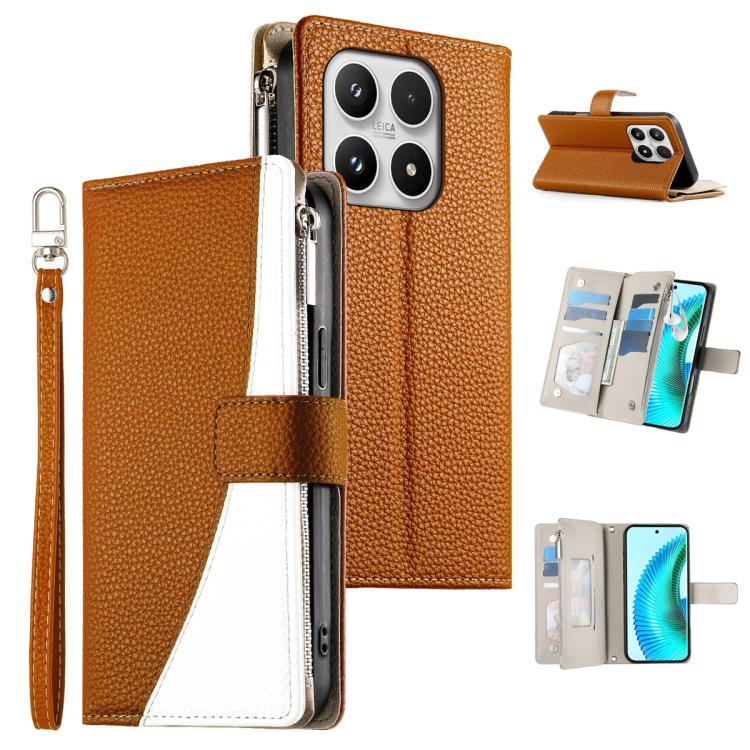 For Xiaomi 17 Stitching Multi-card Zipper Wallet Leather Phone Case with Short Strap(Brown)