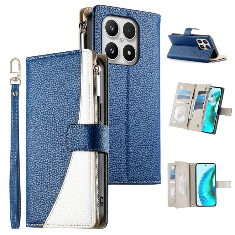 For Xiaomi 17 Stitching Multi-card Zipper Wallet Leather Phone Case with Short Strap(Dark Blue)