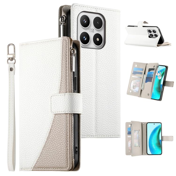 For Xiaomi 17 Stitching Multi-card Zipper Wallet Leather Phone Case with Short Strap(White)