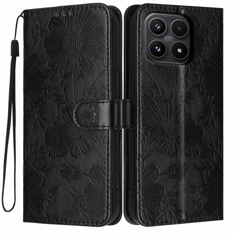For Xiaomi 17 Sunflower Embossed Vegan Leather Phone Case with Small Black Rope(Black)