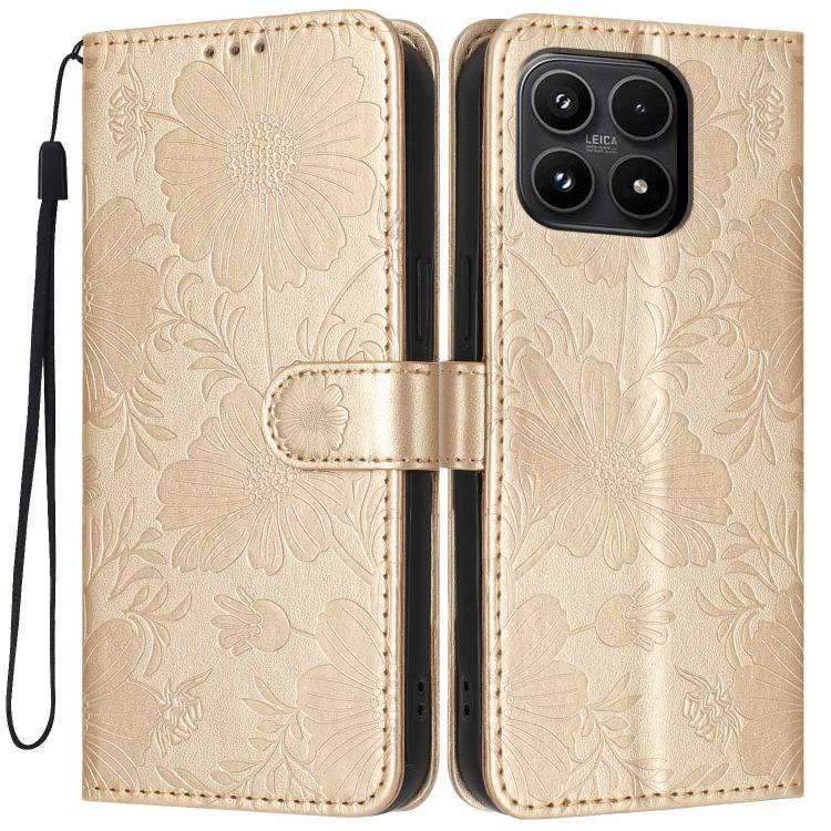 For Xiaomi 17 Sunflower Embossed Vegan Leather Phone Case with Small Black Rope(Gold)