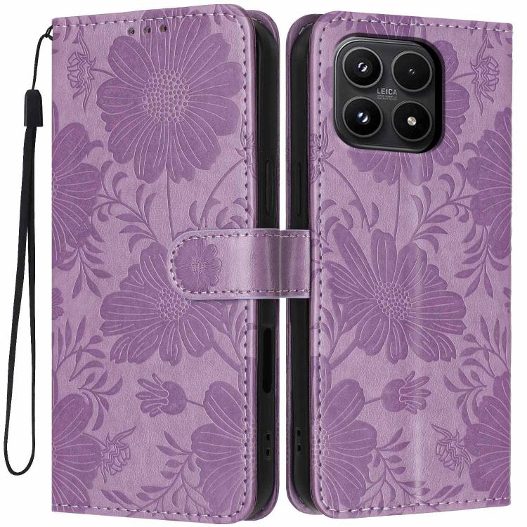 For Xiaomi 17 Sunflower Embossed Vegan Leather Phone Case with Small Black Rope(Purple)