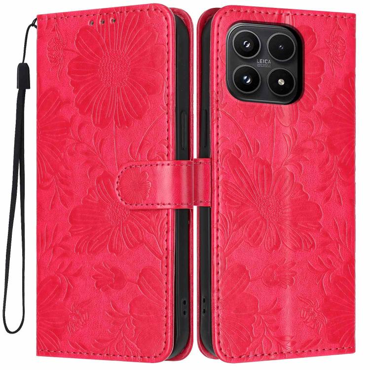 For Xiaomi 17 Sunflower Embossed Vegan Leather Phone Case with Small Black Rope(Red)