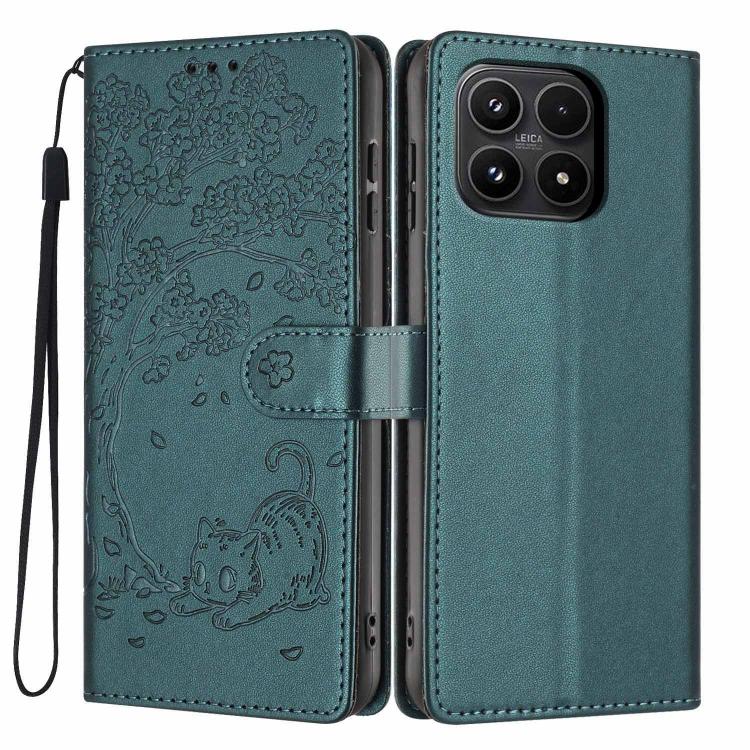 For Xiaomi 17 Tree Cat Embossed Flip Vegan Leather Phone Case(Deep Green)