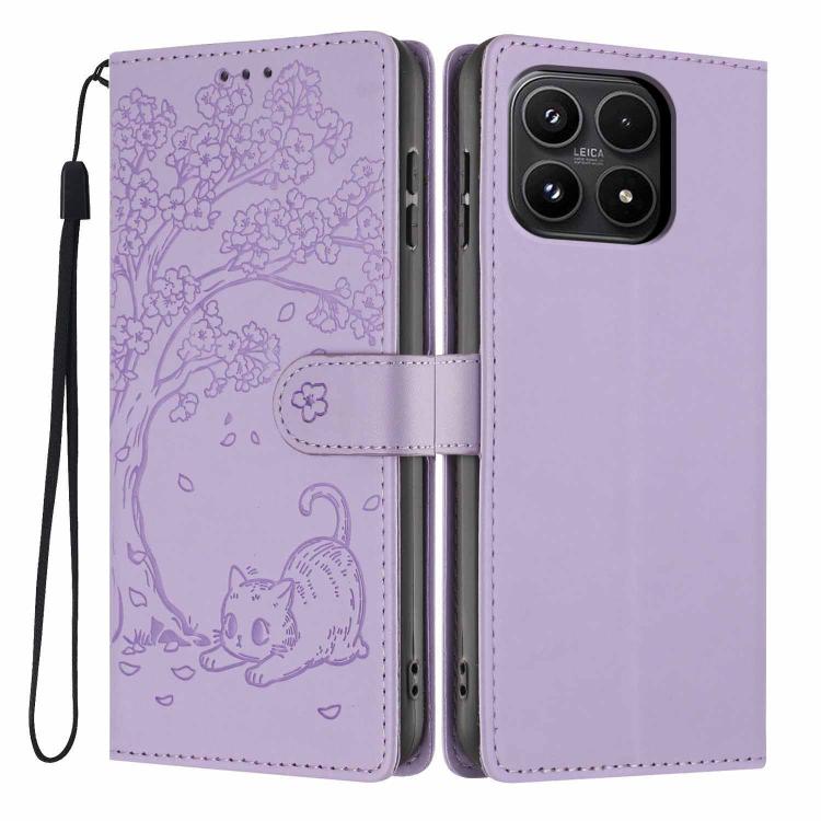 For Xiaomi 17 Tree Cat Embossed Flip Vegan Leather Phone Case(Purple)