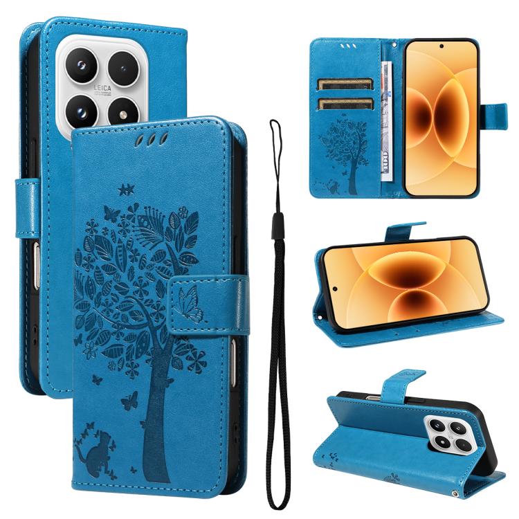 For Xiaomi 17 Tree & Cat Embossed Pattern Flip Leather Phone Case(Blue)