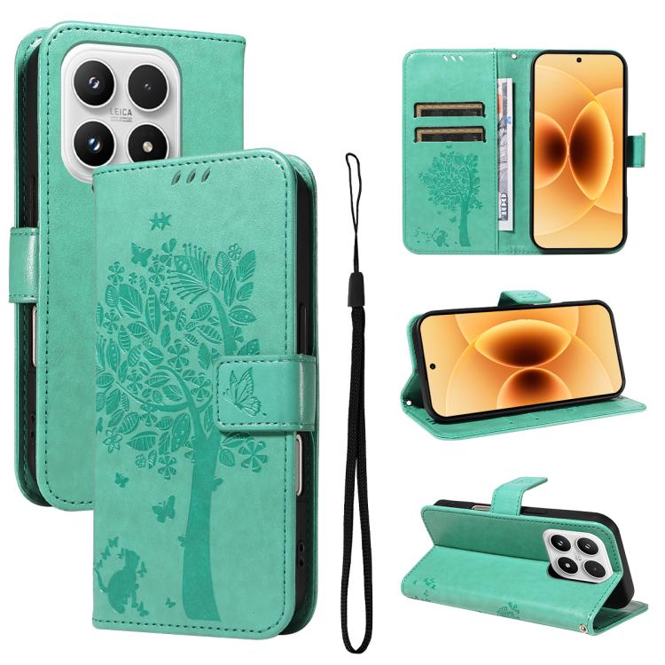 For Xiaomi 17 Tree & Cat Embossed Pattern Flip Leather Phone Case(Green)