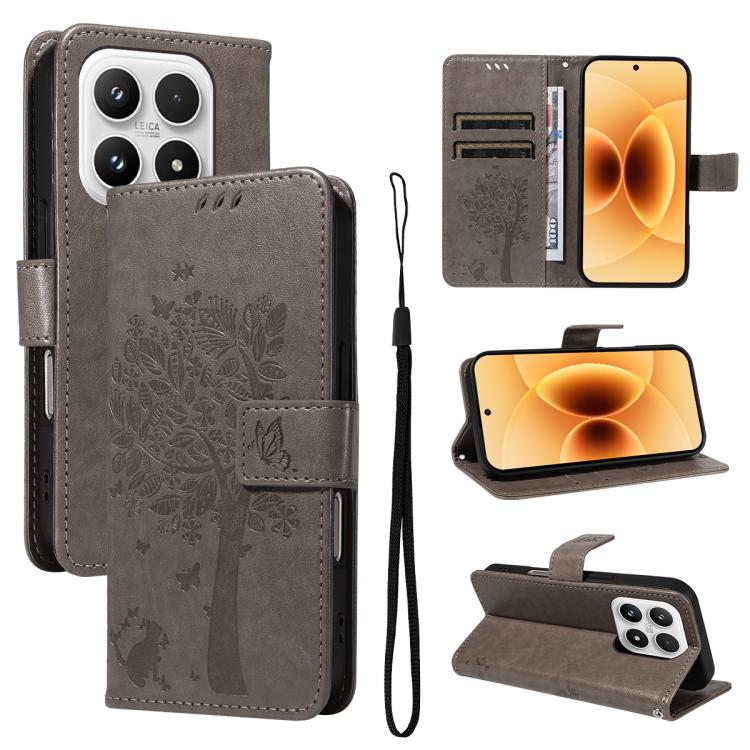 For Xiaomi 17 Tree & Cat Embossed Pattern Flip Leather Phone Case(Grey)