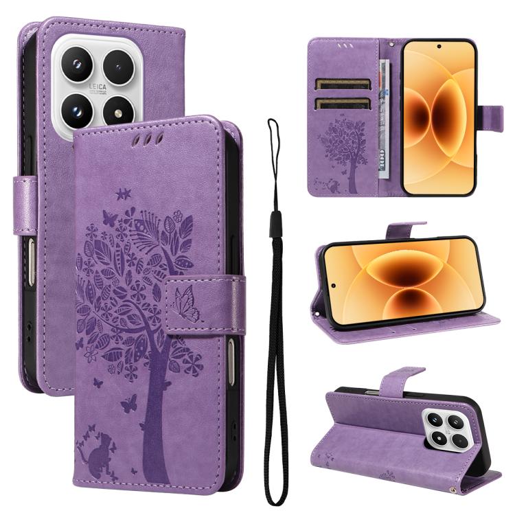 For Xiaomi 17 Tree & Cat Embossed Pattern Flip Leather Phone Case(Light Purple)