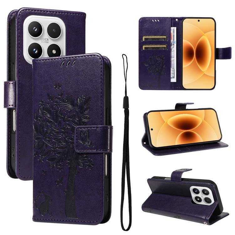 For Xiaomi 17 Tree & Cat Embossed Pattern Flip Leather Phone Case(Purple)