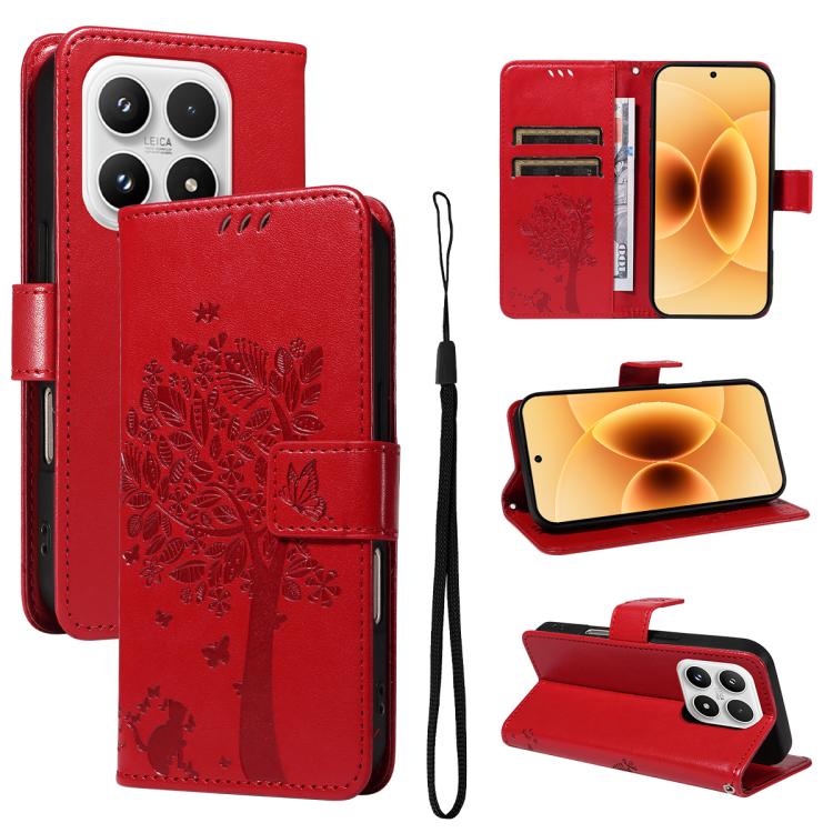 For Xiaomi 17 Tree & Cat Embossed Pattern Flip Leather Phone Case(Red)