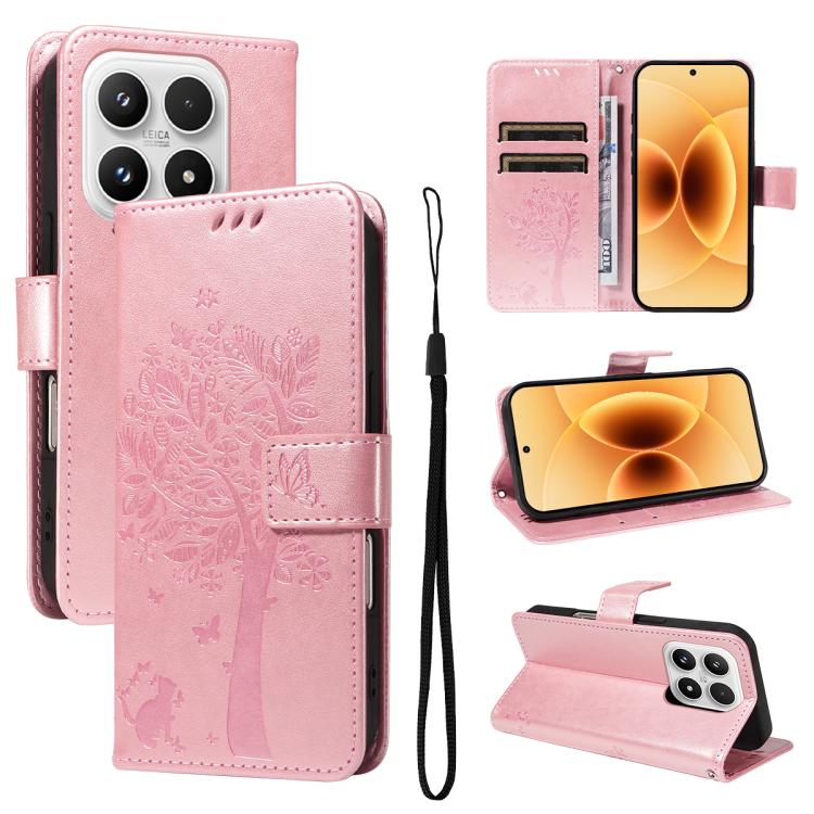 For Xiaomi 17 Tree & Cat Embossed Pattern Flip Leather Phone Case(Rose Gold)