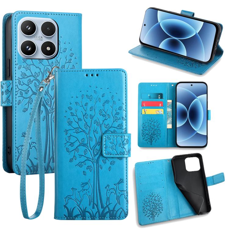 For Xiaomi 17 Tree & Deer Embossed Leather Phone Case(Blue)