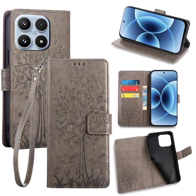 For Xiaomi 17 Tree & Deer Embossed Leather Phone Case(Grey)