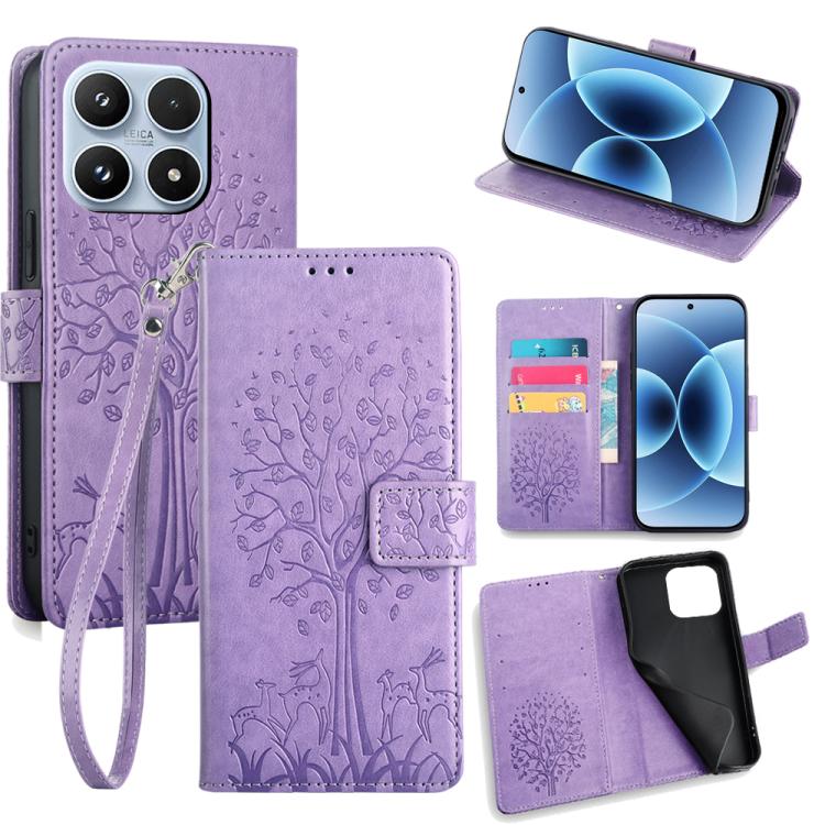 For Xiaomi 17 Tree & Deer Embossed Leather Phone Case(Purple)