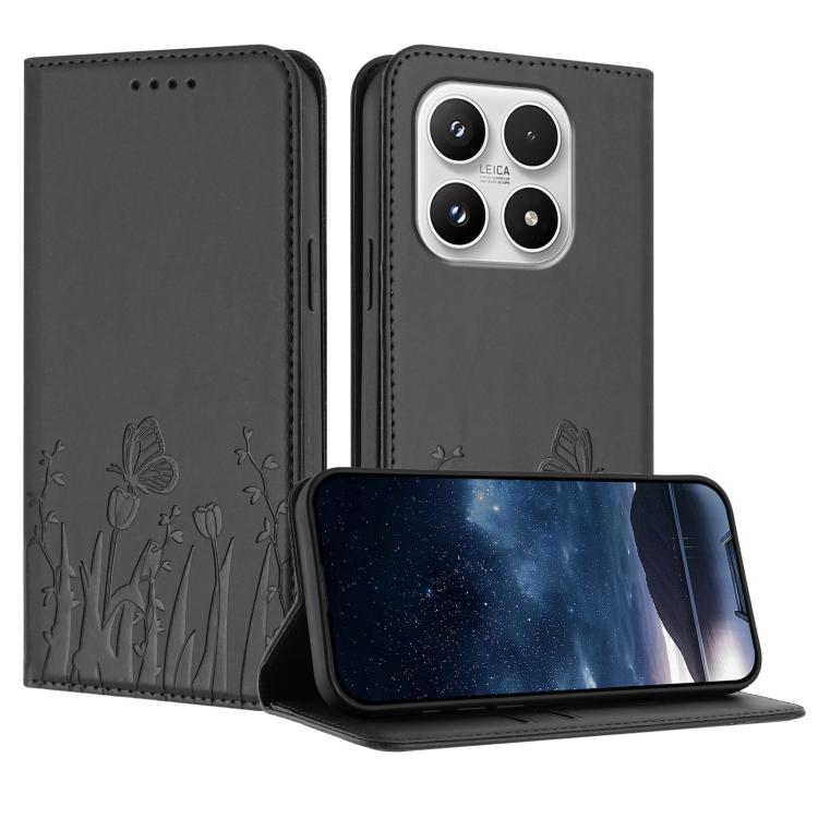 For Xiaomi 17 Tulips Butterfly Pattern Magnetic Vegan Leather Phone Case(Black)