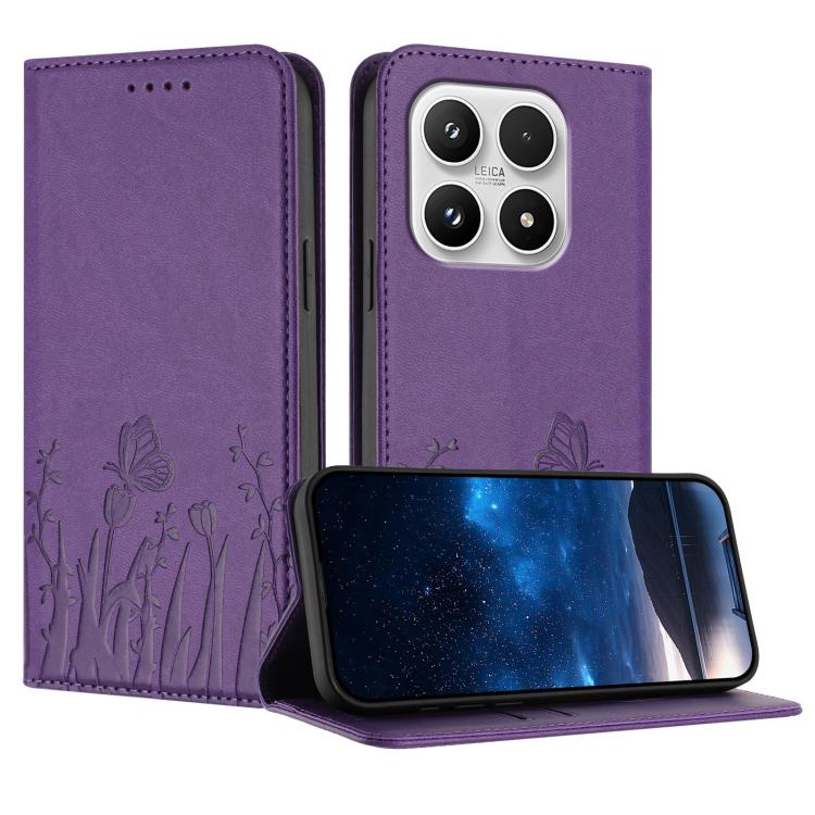 For Xiaomi 17 Tulips Butterfly Pattern Magnetic Vegan Leather Phone Case(Dark Purple)