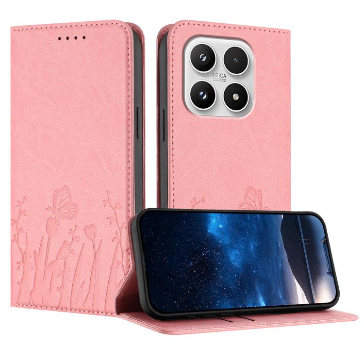 For Xiaomi 17 Tulips Butterfly Pattern Magnetic Vegan Leather Phone Case(Pink)