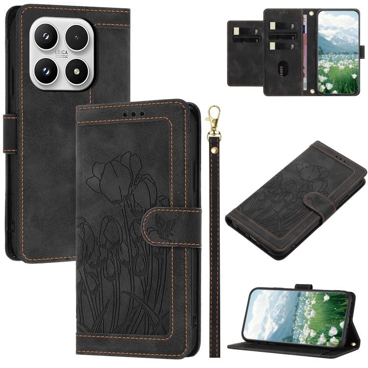 For Xiaomi 17 Tulips Embossed Leather Phone Case with Lanyard(Black)