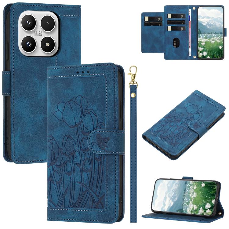 For Xiaomi 17 Tulips Embossed Leather Phone Case with Lanyard(Blue)