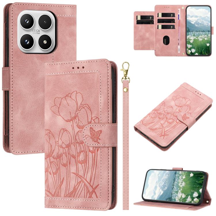 For Xiaomi 17 Tulips Embossed Leather Phone Case with Lanyard(Pink)
