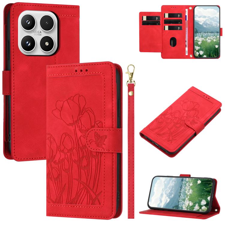 For Xiaomi 17 Tulips Embossed Leather Phone Case with Lanyard(Red)