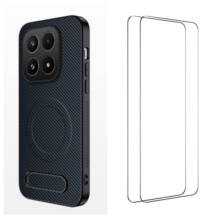 For Xiaomi 17 WANLONFENG Kickstand Carbon Fiber Texture Magnetic Phone Case with 2pcs Screen Films(Sapphire Blue)