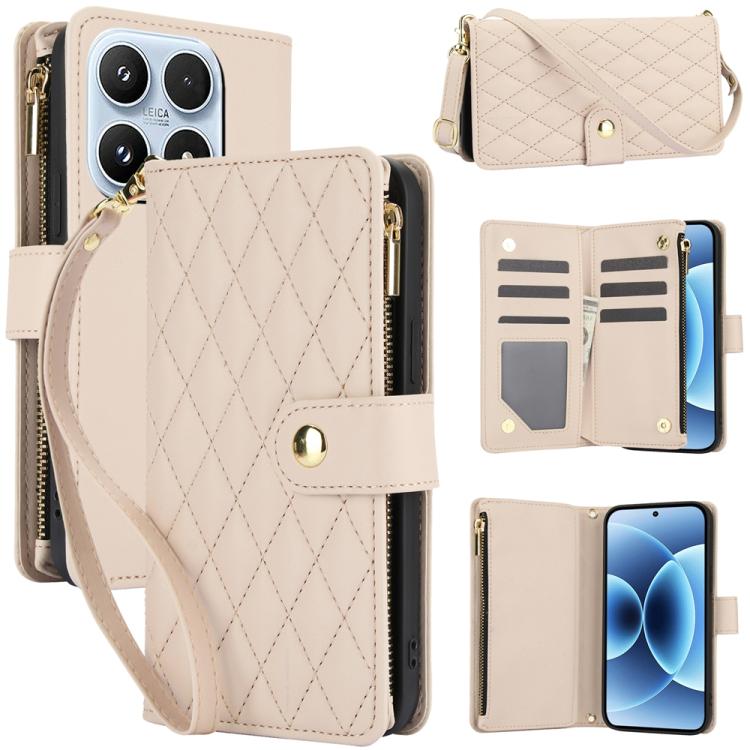 For Xiaomi 17 YM016 Rhombic Zipper Card Wallet Leather Phone Case with Lanyard(Apricot)