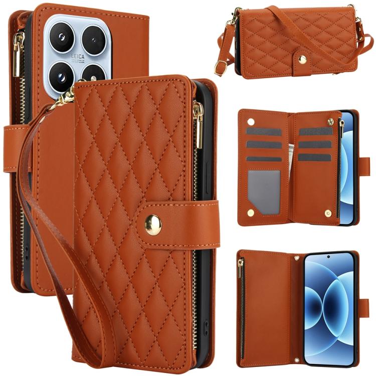 For Xiaomi 17 YM016 Rhombic Zipper Card Wallet Leather Phone Case with Lanyard(Brown)