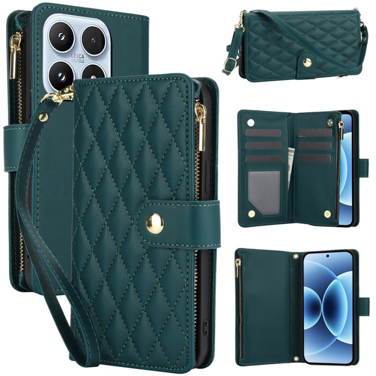 For Xiaomi 17 YM016 Rhombic Zipper Card Wallet Leather Phone Case with Lanyard(Green)