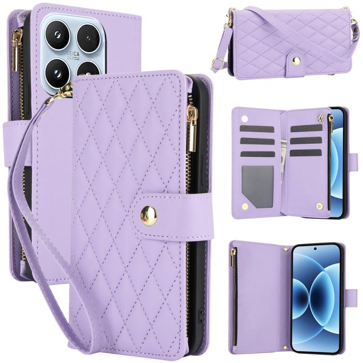 For Xiaomi 17 YM016 Rhombic Zipper Card Wallet Leather Phone Case with Lanyard(Light Purple)