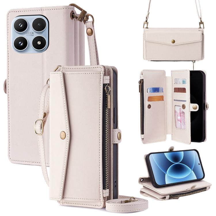 For Xiaomi 17 Zipper Wallet Side Buckle Crossbody Lanyard Leather Phone Case(White)