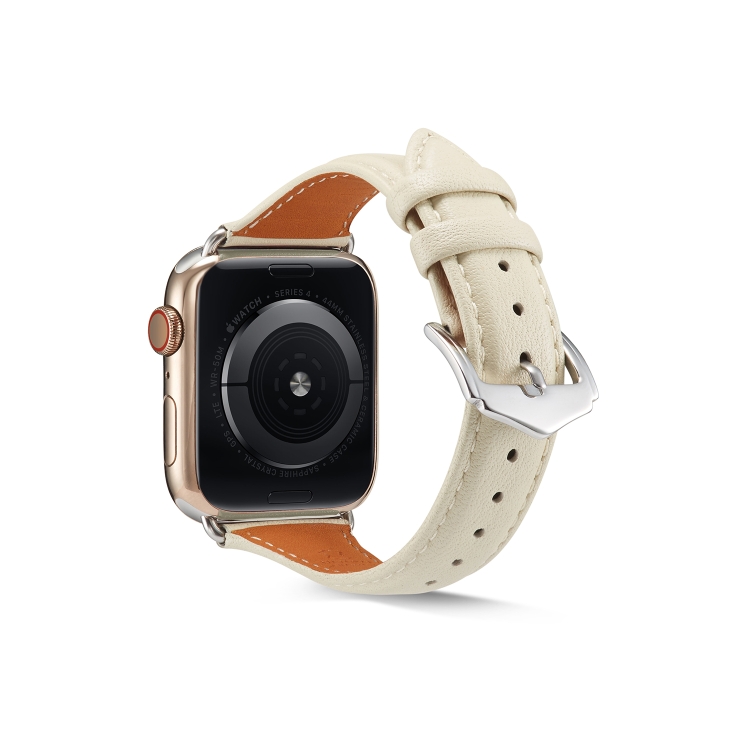 Genuine Leather Watch Band For Apple Watch Ultra 49mm&Watch Ultra 2 49mm / Series 9&8&7 45mm / SE 3&SE 2&6&SE&5&4 44mm / 3&2&1 42mm(Creamy White)