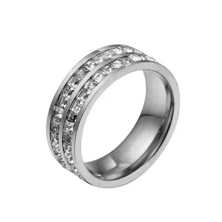 Girls Simple Titanium Steel Diamond Ring, Size: US Size 4(Double Row Silver)