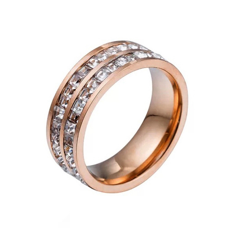Girls Simple Titanium Steel Diamond Ring, Size: US Size 6(Double Row Rose Gold)