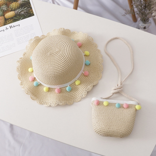 Girls Summer Breathable Straw Braided Floral Shape Border Beach Sun Hat + Small Satchel Set, Size: 50-52cm(Colored ball beige)