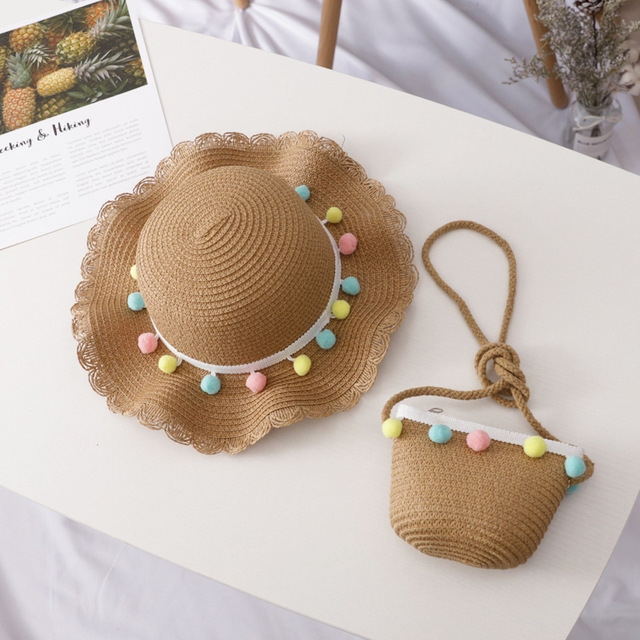Girls Summer Breathable Straw Braided Floral Shape Border Beach Sun Hat + Small Satchel Set, Size: 50-52cm(Colored ball khaki)