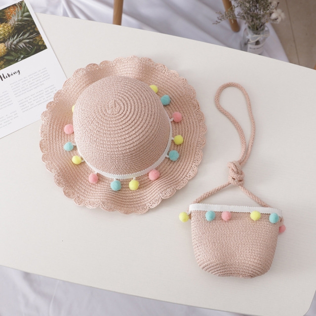 Girls Summer Breathable Straw Braided Floral Shape Border Beach Sun Hat + Small Satchel Set, Size: 50-52cm(Colored ball pink)