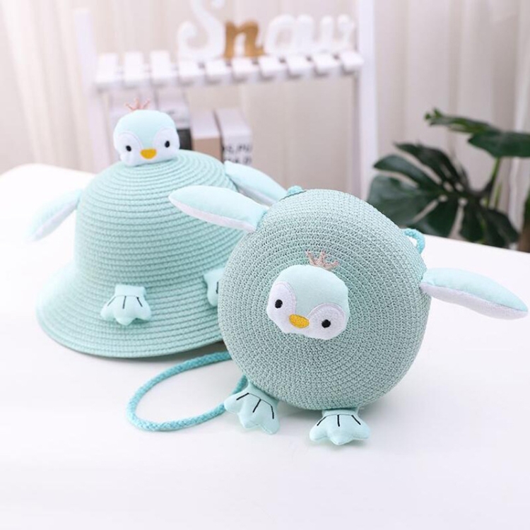 Girls Sunshade Bucket Hat Children Penguin Straw Hat & Bag Set(Green)