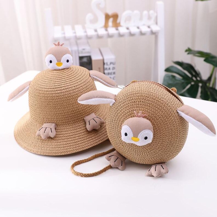 Girls Sunshade Bucket Hat Children Penguin Straw Hat & Bag Set(Khaki)