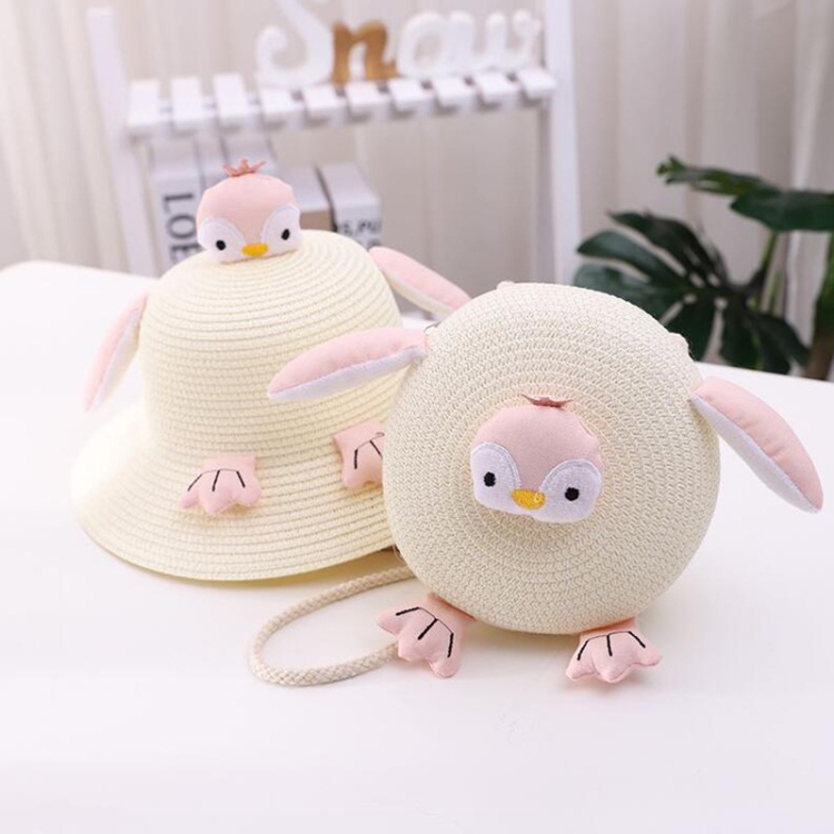 Girls Sunshade Bucket Hat Children Penguin Straw Hat & Bag Set(Milk White)