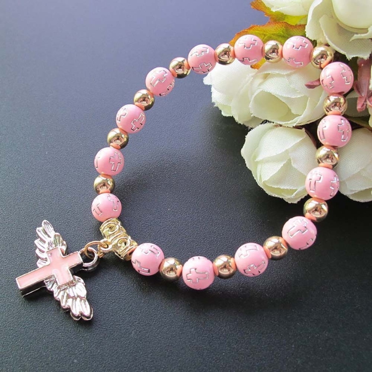 Gold Stamped Acrylic Angel Cross Bead Bracelet, Color: Pink