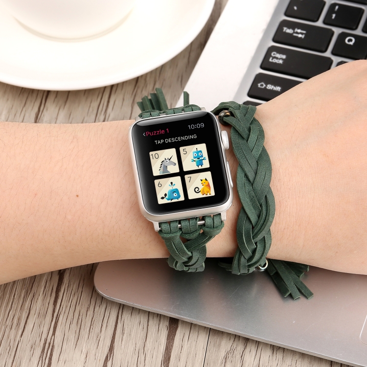 Hand-woven Leather Watch Band For Apple Watch Series 9&8&7 41mm / SE 3&SE 2&6&SE&5&4 40mm / 3&2&1 38mm(Green)
