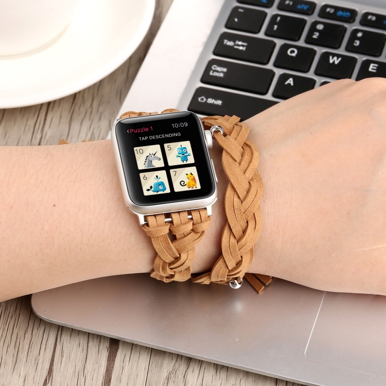 Hand-woven Leather Watch Band For Apple Watch Ultra 49mm&Watch Ultra 2 49mm / Series 9&8&7 45mm / SE 3&SE 2&6&SE&5&4 44mm / 3&2&1 42mm(Khaki)