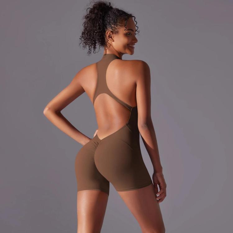 High-Intensity Tight-Fitting Backless Bodysuit/Yoga Wear, Size: XL(Chestnut)