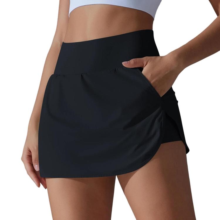 High-Waisted Form-Fitting Two-Piece Style Tennis Skirt With Back Pockets, Size: L(Black)