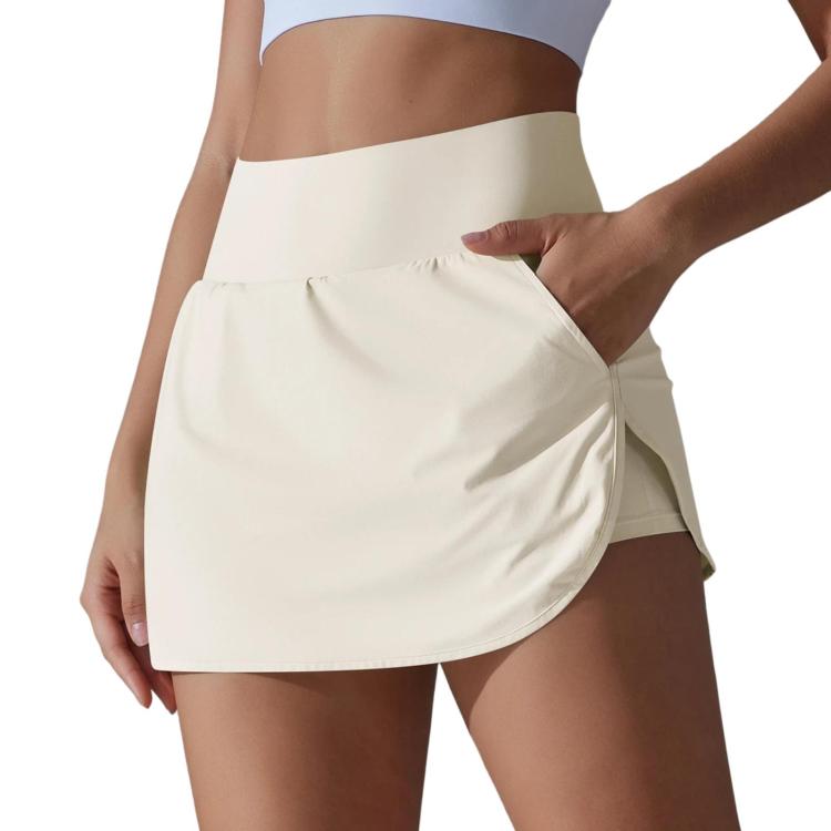 High-Waisted Form-Fitting Two-Piece Style Tennis Skirt With Back Pockets, Size: L(Light Ivory)