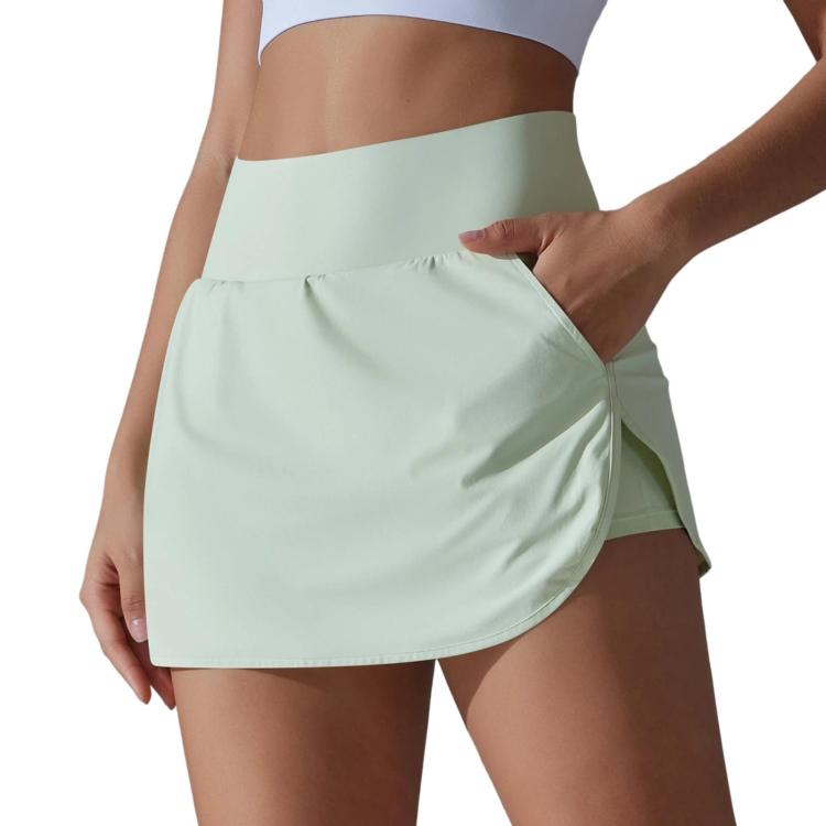 High-Waisted Form-Fitting Two-Piece Style Tennis Skirt With Back Pockets, Size: S(Light Milk Green)