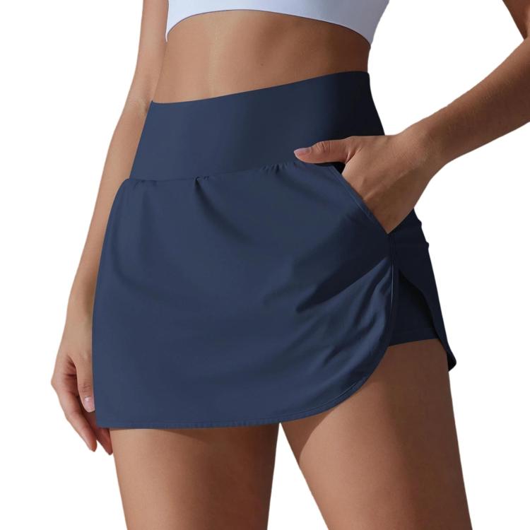 High-Waisted Form-Fitting Two-Piece Style Tennis Skirt With Back Pockets, Size: S(Navy Blue)